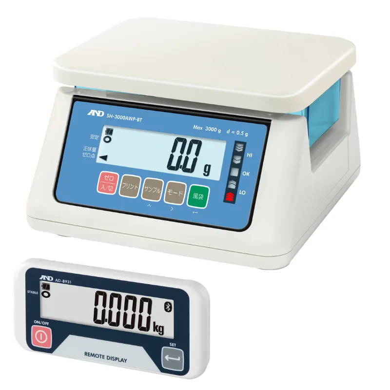 A&D 防塵・防水 デジタルはかり+外部表示機付 SH-AWP-BTシリーズ｜最小表示0.1g～10g ひょう量3000g～30㎏