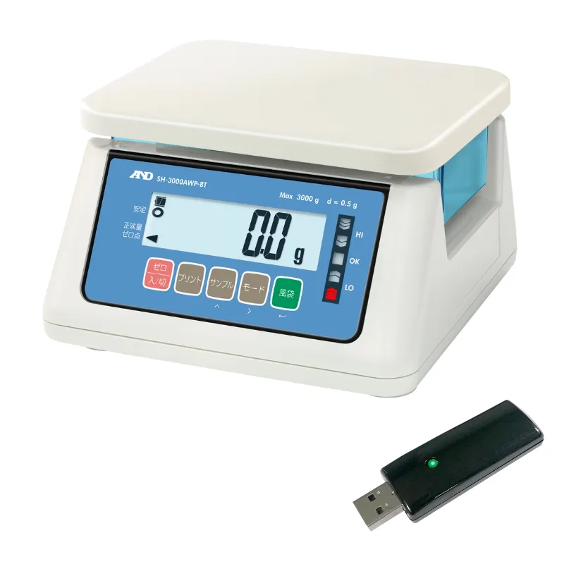 A&D 防塵・防水 デジタルはかり+PC接続用ドングル付 SH-AWP-BTシリーズ｜最小表示0.1g～10g ひょう量3000g～30㎏