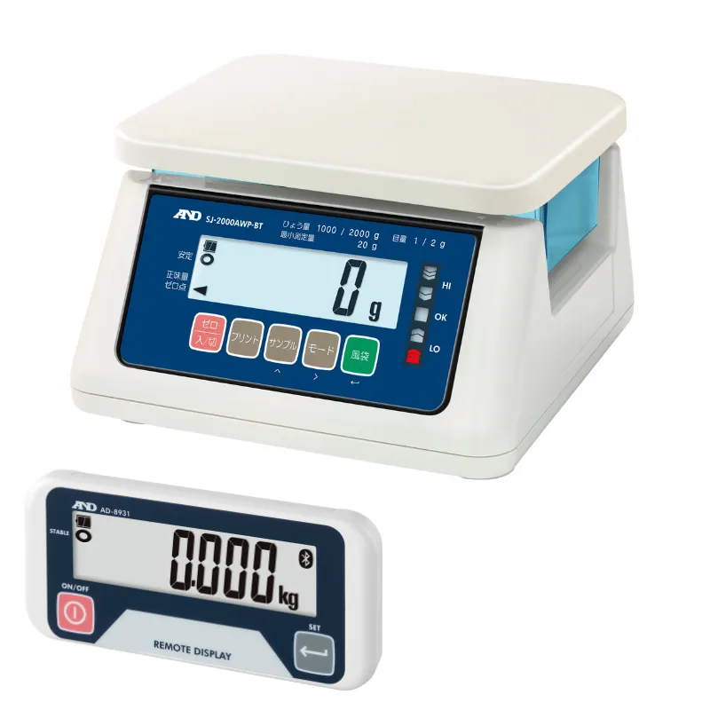 A&D 検定付 防塵・防水 デジタルはかり+外部表示機付 SJ-AWP-BTシリーズ｜最小表示1g～0.05㎏ ひょう量2000g～30㎏