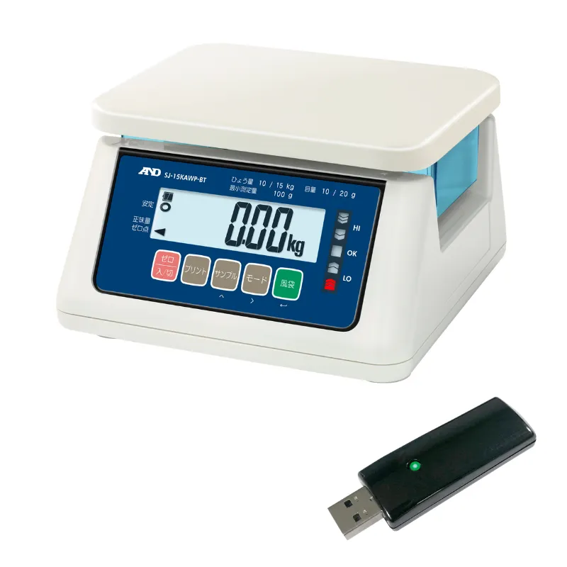 A&D 検定付 防塵・防水 デジタルはかり SJ-15KAWP-BT：ワイヤレス通信モデルPC接続用ドングル付き